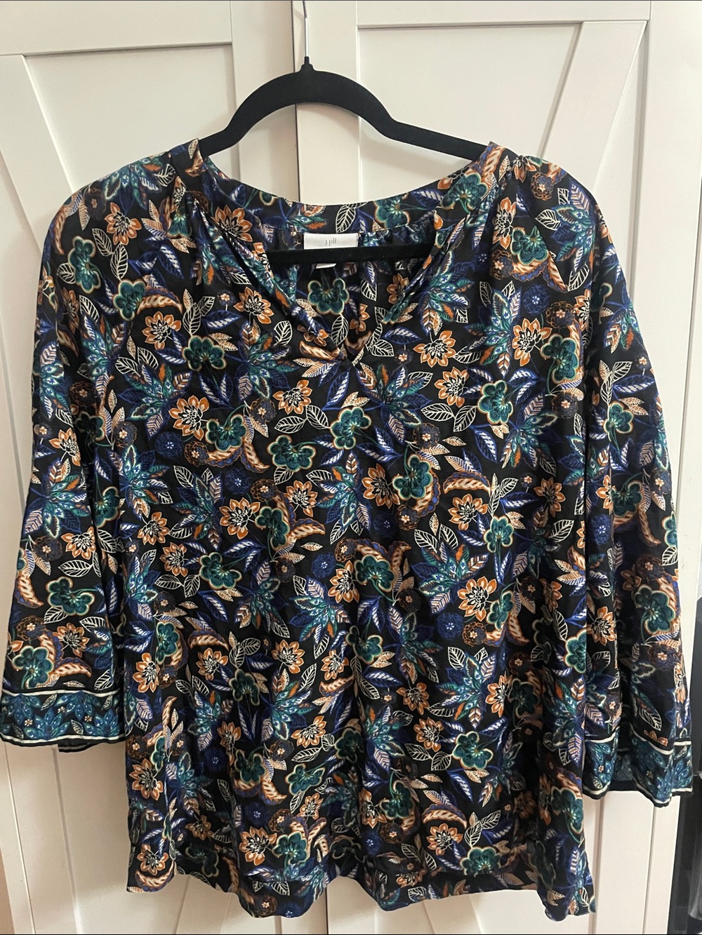 J. Jill Women's Floral V-Neck Blouse in Navy, Teal & Mustard